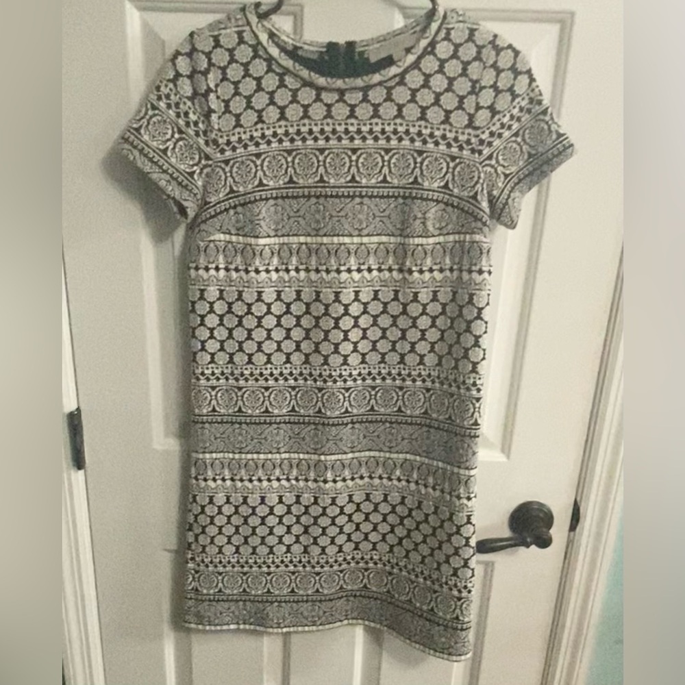 LOFT Black and White Geometric Midi Dress